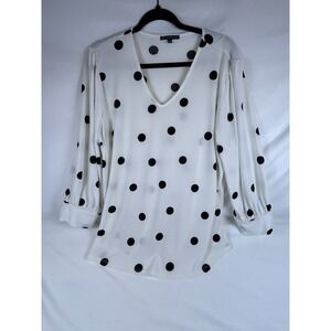 Adrianna Papell Top Women's XL White Black Polka Dot Split V Neck Long Sleeve